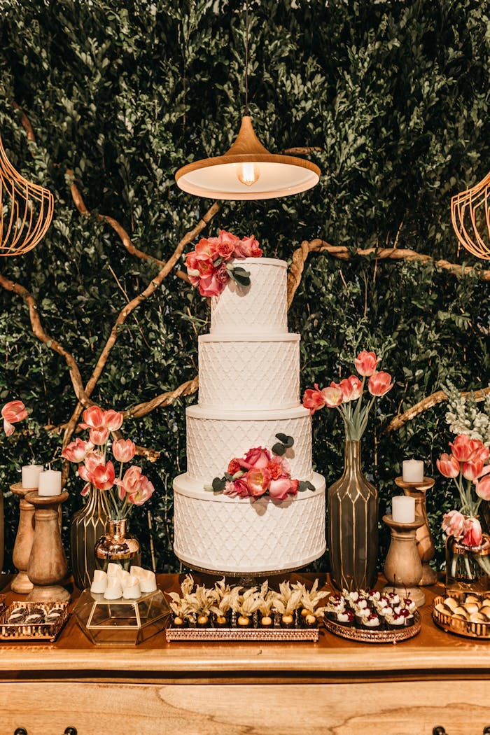 A beautifully decorated wedding table featuring a three-tiered cake, flowers, and desserts in a romantic setting.